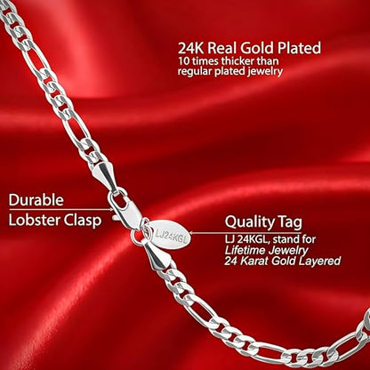 LIFETIME JEWELRY 4mm Figaro Chain Ankle Bracelet - Gold Anklets for Women - 24k Real Gold Plated - Made in USA with Lifetime Replacement - color: White Gold