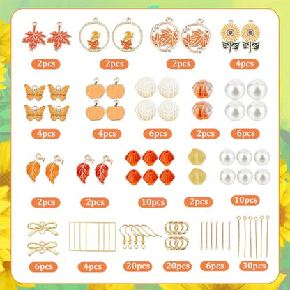SUNNYCLUE 1 Box 144Pcs DIY 10 Pairs Thanksgiving Charms Earring Making Starter Kit Enamel Maple Leaf Charm Pumpkin Sunflower Fall Autumn Pendants Imitation Pearl Beads for Jewelry Making Kits