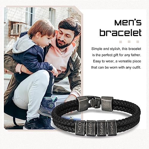 Personalized Braided Leather Bracelet with Photo Custom Name Beads Cuff Bangle Jewelry Gifts for Men Dad Husband Grandpa Fathers Day - color: Style 3