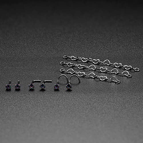 Nose Ring Chain Across Nose Black Stainless Steel Nostril Nose Piercing Chain with Cubic Zirconia Nose Screw Bone L-Shaped Ring for Women Body Piercing Nostril Jewelry with Bridge Chain - color: Silver-Heart Nose Chain Studs