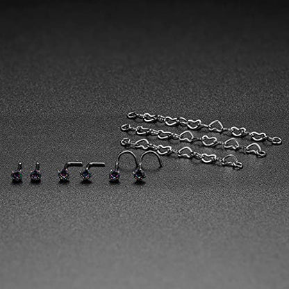 Nose Ring Chain Across Nose Black Stainless Steel Nostril Nose Piercing Chain with Cubic Zirconia Nose Screw Bone L-Shaped Ring for Women Body Piercing Nostril Jewelry with Bridge Chain - color: Silver-Heart Nose Chain Studs
