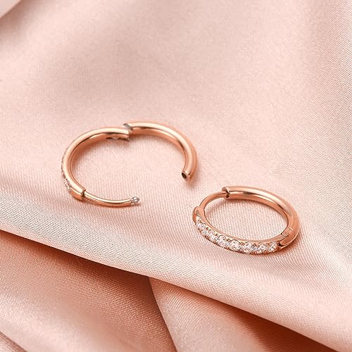 316L Surgical Steel Huggie Hoop Earrings | Dainty Pave Cubic Zirconia Cartilage Tiny Earring for Sensitive Ears Hypoallergenic Lightweight for Women Men - style: Rose Gold Plated,20G*12mm