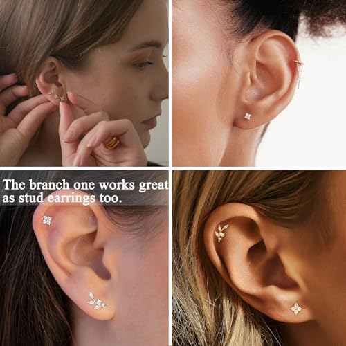 Stud Earring for Women, 14K Gold Silver Plated Hypoallergenic Studs Set | Trendy Cartilage Tragus Helix Clover Flower Earring Stack for Multiple Piercing, Dainty Cute Small Jewelry Gift, Non Tarnish - style: GD-Flower/Branch-4 Pairs