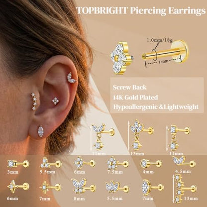 TOPBRIGHT 18G Surgical Steel Internal Thread Flat Back Stud Earrings - Hypoallergenic 14K Gold Plated Tragus/Helix/Nose/Conch/Medusa/Lip Piercing Jewelry for Women & Men