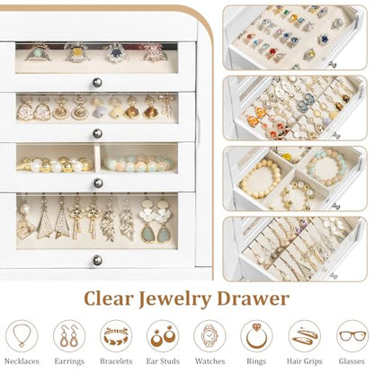 Large Jewelry Box & Organizer for Women, Wooden Jewelry Storage with 4 Transparent Drawers, Holds Necklaces, Rings, Bracelets, Earrings and Watches(White) - color: White