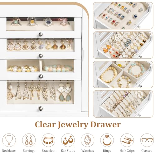Large Jewelry Box & Organizer for Women, Wooden Jewelry Storage with 4 Transparent Drawers, Holds Necklaces, Rings, Bracelets, Earrings and Watches(White) - color: White