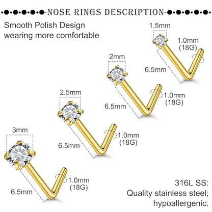 18G 20G 22G Titanium Stainless Surgical Steel Nose Rings Studs for Women L Shaped Nose Studs Screw Nose Ring Piercing Jewelry for Women Men Diamond CZ 1.5mm 2mm 2.5mm 3mm Silver Black Gold - style: 18g/Clear CZ/L-shaped/Gold
