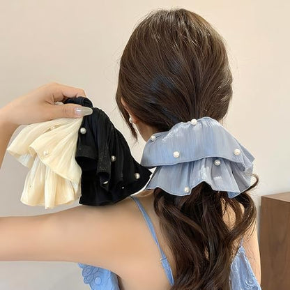 3Pcs Flowing Satin Scrunchies for Women Big Scrunchie with Pearl Pleated Satin Scrunchie Elastic Hair Ties White Black Blue Cute Scrunchy Ponytail Holders Large Scrunchies Womens Hair Accessories