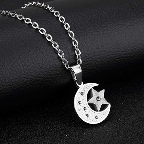 HIJONES Men's Stainless Steel Retro Islamic Crescent Moon Pendant 20 Inch | Star Charm, Necklace