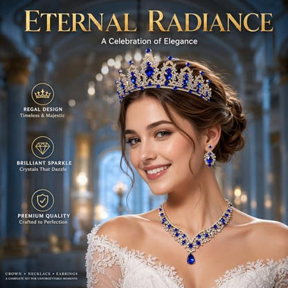 Tiaras and Crowns for Women,Tiaras Earrings Necklace, Crystal Bridal Jewelry Set - color: Blue