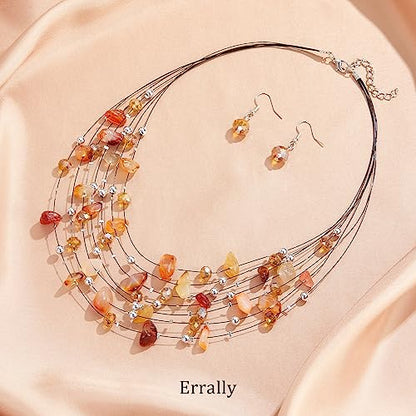 Multi-Layer Boho Shell Beaded Necklace for Women Colorful Crystal Strand with Silver Beads Statement Collars Necklace and Earrings Costumes Jewelry Sets for Women - color: 48-Agate red