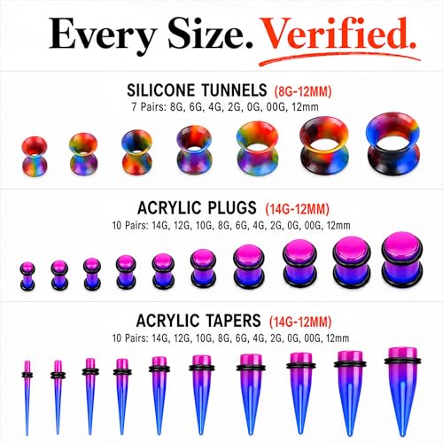 BodyJ4You 54PC Ear Stretching Kit 14G-12mm - Aftercare Jojoba Oil - Acrylic Plugs Gauge Tapers Silicone Tunnels - Lightweight Expanders Men Women - color: Purple, Blue