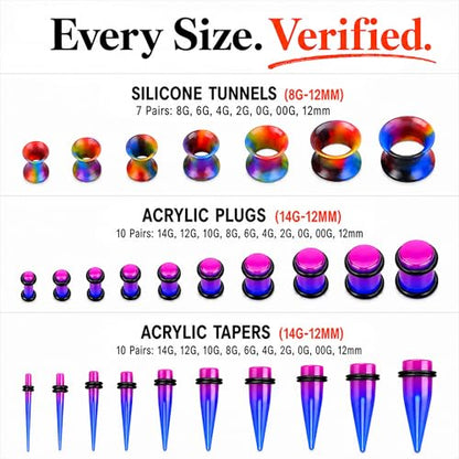 BodyJ4You 54PC Ear Stretching Kit 14G-12mm - Aftercare Jojoba Oil - Acrylic Plugs Gauge Tapers Silicone Tunnels - Lightweight Expanders Men Women - color: Purple, Blue