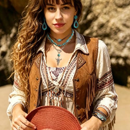 RechicGu Western Jewelry For Women Bohemian Turquoise Dangle Earrings Necklace Bracelet Set, Bullhead Pendant Layered Choker Boho Faux Leather Wristband Country Concert Cowgirl Accessories - color: Jewelry Set B