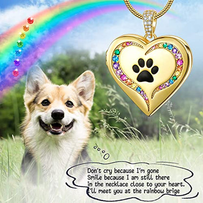 Fanery Sue Personalized Pet Locket Picture Necklace,Dog Cat Memory Gift | Custom Engraved Heart Photo Lockets Necklaces,Dog Cat Sympathy Memorial Jewelry for Women Men - color: Golden, style: Pawprint on Rainbow Bridge
