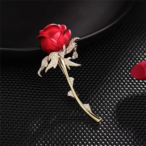 Red Rose Flower Brooches Pins for Women Men Elegant Crystal Flower Lapel Pin Retro Suit Hat Dress Accessories Wedding Valentine's Day Jewelry Gift - style: Red Rose