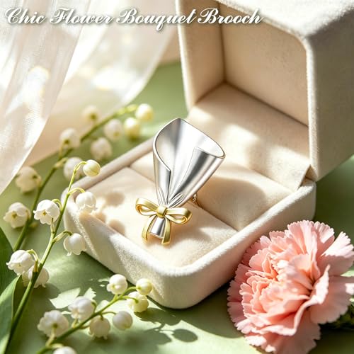 DIY Wearable Flower Bouquet Brooch Clip, Metal Bouquet Holder Lapel Pins, Reusable Fashion Brooches Pins for Flowers Bouquets, For Holding Fresh or Dried Flowers Daily or Party Wedding (Gold Bow)