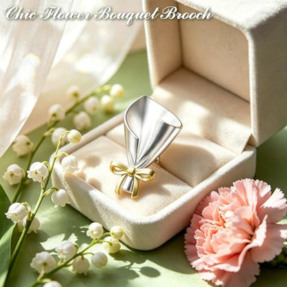 DIY Wearable Flower Bouquet Brooch Clip, Metal Bouquet Holder Lapel Pins, Reusable Fashion Brooches Pins for Flowers Bouquets, For Holding Fresh or Dried Flowers Daily or Party Wedding (Gold Bow)