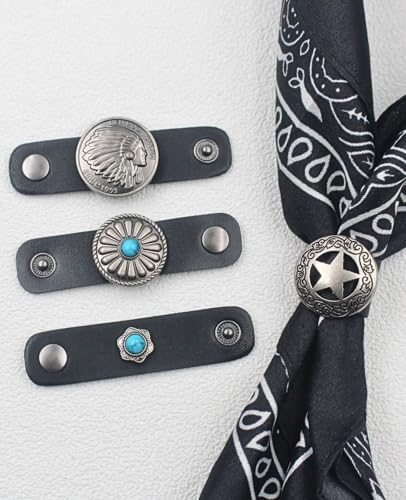 PEARLY JUN 4Pcs Western Bandana Scarf Ring Neckerchief Slide Buckle for Men Women Silk Scarves Cowboy Accessories - color: Silver B