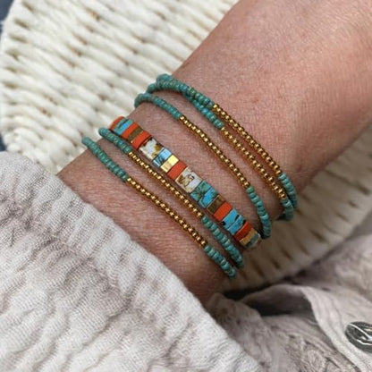 Tila Flat Beaded Stretch Bracelets for Women Stackable Gold Colorful Seed Beads Boho Bracelet Stack Adjustable Rope String Friendship Jewelry Trendy Holiday Gift - color: Teal