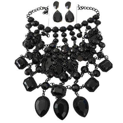 925 Sterling Silver Bib Jewelry Sets For Women - ZA Indian Ethnic Round Water Drop Crystal Tassel Necklace Earrings Jewelry Sets Statement Large, Chunky Rhinestone Necklace - color: Black Sets - Bib Necklace