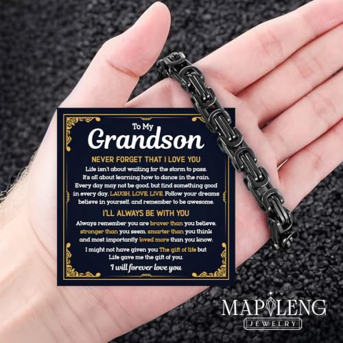 Grandson Gifts from Grandma Grandpa, Black Stainless Steel Bracelet with Meaningful Message Card, Birthday Gift for Grandson, Graduation Christmas Gift, Inspirational Keepsake Jewelry for Men - color: Grandson #9