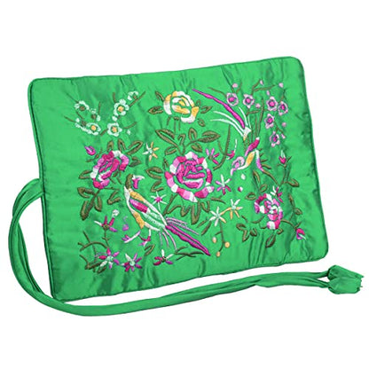 TUMBEELLUWA Embroidery Travel Jewelry Bag Roll Embroidered Flower and Bird Brocade Organizer with Tie Close - color: Deep Green
