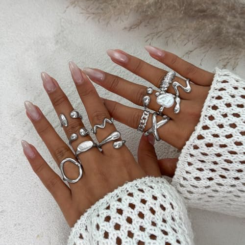 CSIYANJRY99 Gold Silver Rings Set for Women Trendy Irregular Chunky Gold Ring Baroque Pearl Rings Stackable Statement Knuckle Ring Jewelry - color: D-Silver