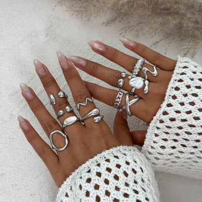 CSIYANJRY99 Gold Silver Rings Set for Women Trendy Irregular Chunky Gold Ring Baroque Pearl Rings Stackable Statement Knuckle Ring Jewelry - color: D-Silver