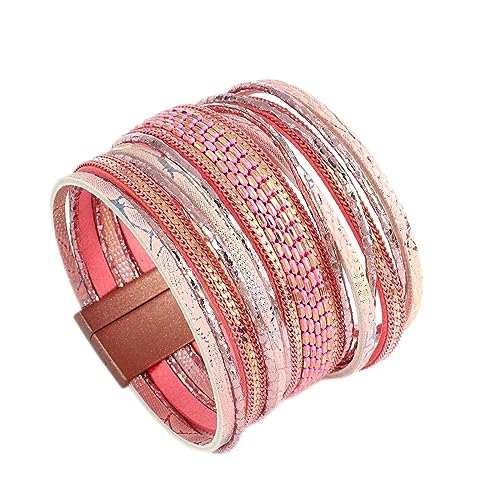 NOVSKI New Genuine Real Leather Wrap Bracelets Multi Strand Cord Metallic Chain Layered Wide Cuff Bracelet Gift Jewelry - color: Pink