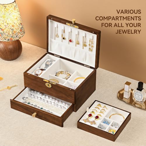 Black Walnut Jewelry Box for Women, Top Lock Wooden Organizer with Drawer | 3 Layer, Solid Wood, Removable Tray, Lock Key, Necklace Ring Earrings Watch Bracelet Case, Handcrafted, Gift for Mom Girls - color: 3 Layer Top Lock