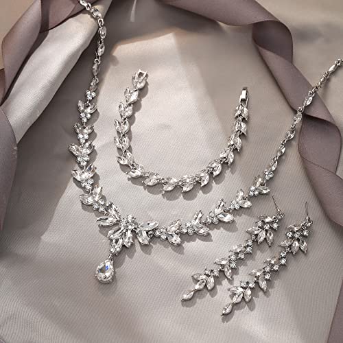 EVER FAITH Marquise Crystal Leaf Bridal Prom Jewelry Set for Women Bride | Rhinestone Wedding Party Necklace Dangle Earrings Tennis Bracelet, for Bridesmaid - color: Clear