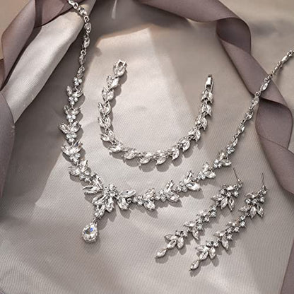 EVER FAITH Marquise Crystal Leaf Bridal Prom Jewelry Set for Women Bride | Rhinestone Wedding Party Necklace Dangle Earrings Tennis Bracelet, for Bridesmaid - color: Clear