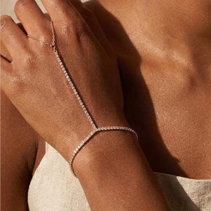 14K Gold Hand Chain Ring Bracelet-SM - style: Full Pave