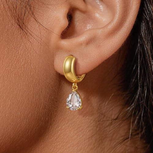 Chunky Gold Huggie Cz Dangle Earrings for Women | Hoop Huggies Dangly, Cubic Zirconia Drop Earring, Diamond Crystal Charm, Statement Dangling Earrings, Jewelry Gifts - color: Gold-Teardrop