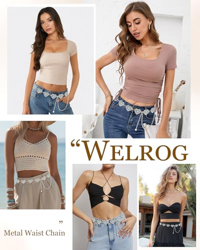 WELROG Metal Waist Chain Belt for Women - Pearls Gold Silver Chain Belts for Dresses Jeans - color: Heart-shaped turquoise (silver)