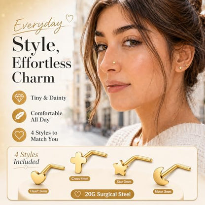 20G Nose Rings for Women, L Shaped Nostril Piercing Studs | 316L Stainless Steel, 0.8 mm×7 mm, 2 mm CZ or 3-4 mm Heart, Star, Moon and Cross, Gold-Tone or Silver-tone, Daily Wear - style: Gold Style B