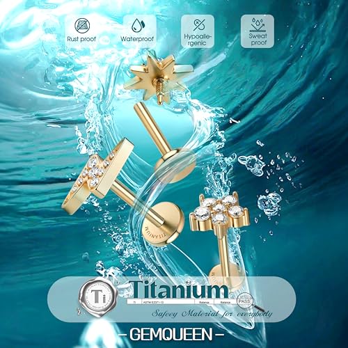 3 Pcs G23 Implant Grade Titanium Flat Back Earrings for Women Men | Hypoallergenic Internally Threaded 5A CZ Gold Flatback Stud, Tragus, Cartilage, Conch Piercing Jewelry for Sensitive Ears 18G - color: Gold 1