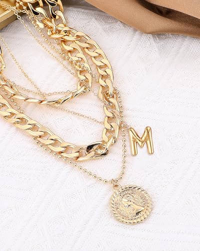MJartoria Layered Necklaces for Women Trendy Balloon Initial Coin Pendant Necklace Dainty Chunky Chain Choker Necklaces Jewelry Birthday Gifts - color: Gold, style: M