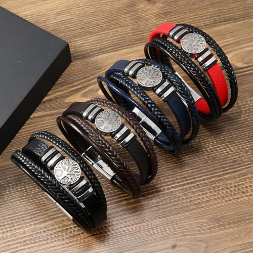 Tree of Life Leather Bracelet for Men, Multi-Layer Braided Religious Mens Cuff Bracelets with Alloy Clasp Anniversary Father's Day Birthday Christmas Jewelry Gifts for Him - color: Navy Blue