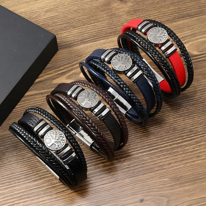 Tree of Life Leather Bracelet for Men, Multi-Layer Braided Religious Mens Cuff Bracelets with Alloy Clasp Anniversary Father's Day Birthday Christmas Jewelry Gifts for Him - color: Navy Blue