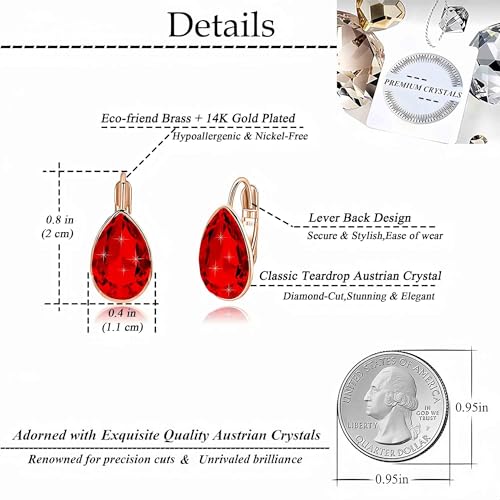 Austrian Crystal Teardrop Leverback Drop Earrings for Women | 14K Gold-Plated Finish, Sparkling Pear Stone, Smooth Bezel Frame, Secure Leverback Closure, Dainty Day-To-Evening Style - color: Ruby