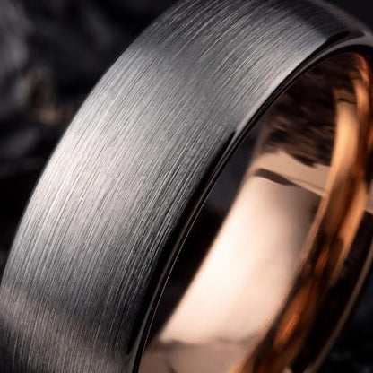 Tungsten Wedding Band Ring 10mm 8mm 6mm 4mm for Men Women 18k Rose Gold Plated Dome Black Grey Brushed Polished - color: 4 Rose Gold Black Grey Tungsten