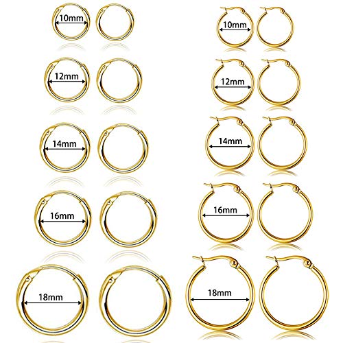 5-10 Pairs Small Gold Silver Hoop Earrings for Women, Stainless Steel Earrings Set Mens Lightweight Thin Hypoallergenic Small Hoops Set - style: 10pc-Glod