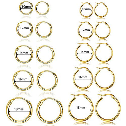 5-10 Pairs Small Gold Silver Hoop Earrings for Women, Stainless Steel Earrings Set Mens Lightweight Thin Hypoallergenic Small Hoops Set - style: 10pc-Glod