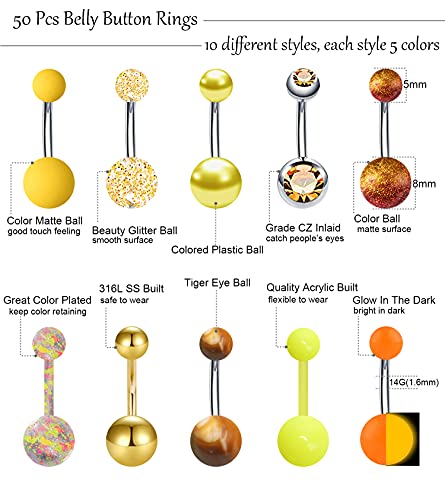 24-50Pcs 14G Stainless Steel Belly Button Rings for Women CZ Screw Navel Bars Body Piercing Jewelry - color: H: 50pcs
