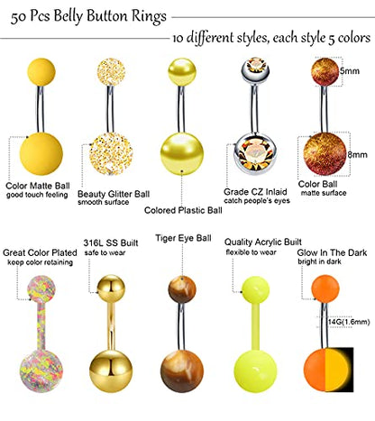 24-50Pcs 14G Stainless Steel Belly Button Rings for Women CZ Screw Navel Bars Body Piercing Jewelry - color: H: 50pcs