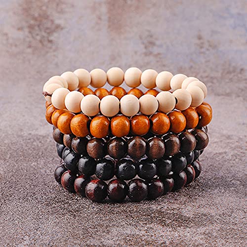 5 Pcs Wooden Beaded Bracelet Bangle for Men and Women Elastic - style: B: 10MM