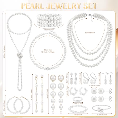 Huwena 15 Pcs Pearl Jewelry Set with Necklace, Earrings, Bracelets and Ring, Pearl Necklaces for Women, Faux Pearls Set Jewelry for Wedding Bridal Shower Christmas Tea Party
