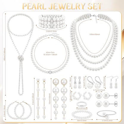 Huwena 15 Pcs Pearl Jewelry Set with Necklace, Earrings, Bracelets and Ring, Pearl Necklaces for Women, Faux Pearls Set Jewelry for Wedding Bridal Shower Christmas Tea Party